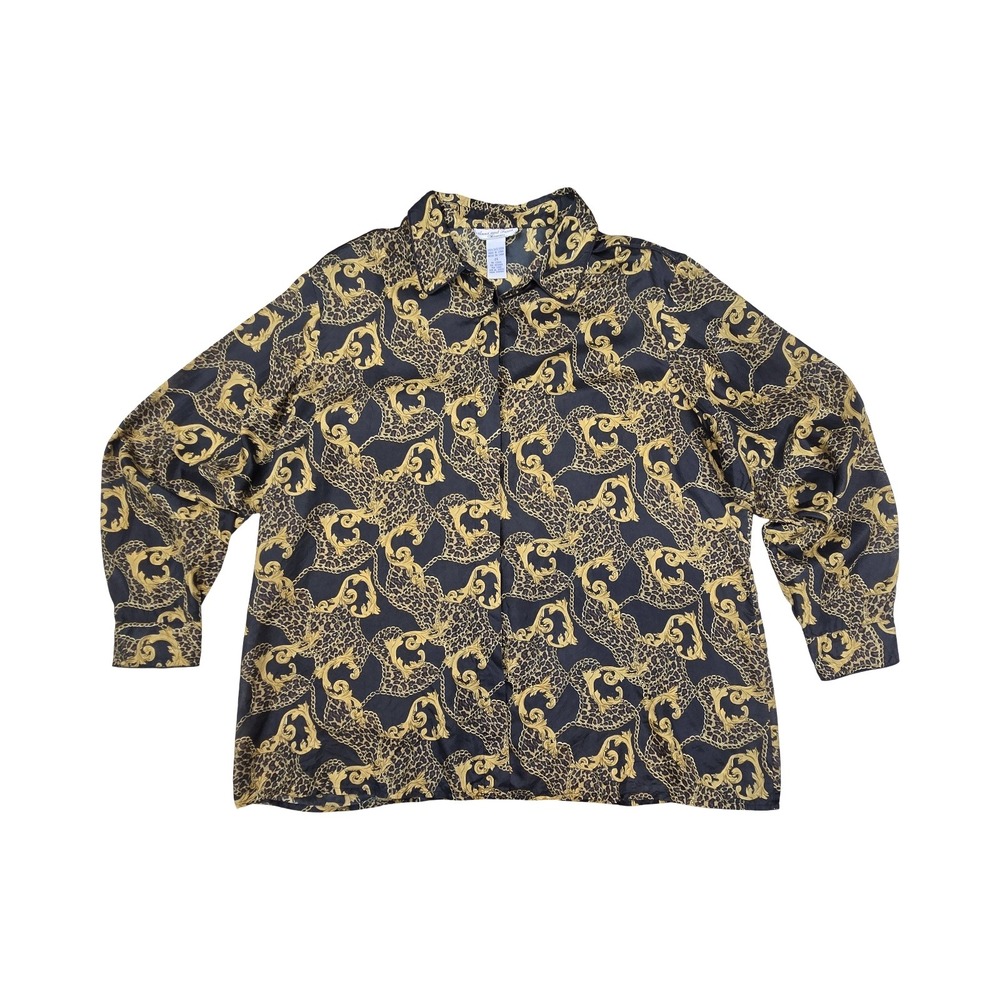 Anna and Frank Silk Blouse 2X Black Gold Baroque Leopard Chain Print Shirt 90s